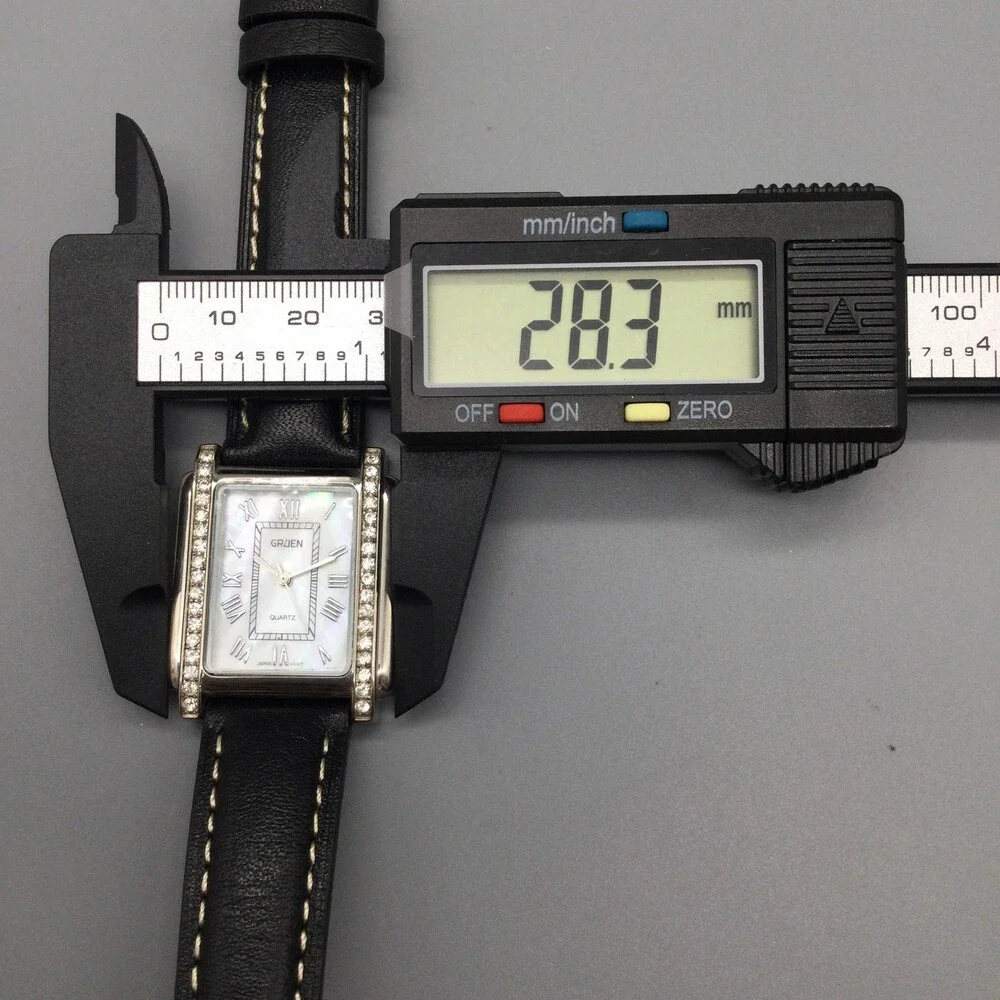 Gruen Womens Watch 28mm White Dial Crystal Bezel Black Leather New Battery